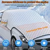 A car windshield cover is placed on the front of a car, with text and icons highlighting its features. Produktbild-Vorschau