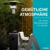 A patio heater is shown in an outdoor setting with bamboo plants in the background, a chair with a blanket, and text overlays. Produktbild-Vorschau