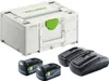 A white Festool storage box with two black battery packs and a black dual charger. Produktbild-Vorschau