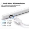 A stylus pen is shown connected to a USB-C charging cable, with text and icons indicating charging status and battery life. Produktbild-Vorschau