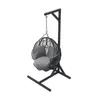 A black metal hanging chair stand with a black woven egg-shaped chair with gray cushions, isolated on a white background. Podgląd zdjęcia produktu