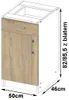 A diagram of a kitchen base cabinet with dimensions. Voir les images du produit