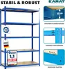 A blue metal shelving unit with wooden shelves, shown with various marketing callouts and close-up feature illustrations. Anteprima dell’immagine prodotto