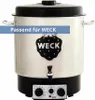 A stainless steel canning machine with a black lid and base, featuring a black strawberry-shaped logo with the brand name 'WECK' and a blue overlay with text. Produktbild-Vorschau