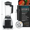 A product image showcasing a blender with its features and dimensions, along with a close-up of its blade assembly and a small inset image of a tomato sauce. Produktbild-Vorschau