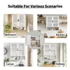 A collage of four images showing a white wall-mounted cabinet in different settings: a bathroom, a kitchen, a corner, and a hallway. Podgląd zdjęcia produktu