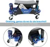 A rolling mechanic's stool with tool storage, shown from different angles and with descriptive text. Produktbild-Vorschau