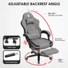 A grey fabric gaming chair with various features highlighted by text and diagrams. Podgląd zdjęcia produktu