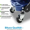 Close-up of the wheels and features of a blue rolling workshop stool. Produktbild-Vorschau