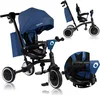 A collage of images showing a blue children's tricycle from different angles, including a close-up of the handlebars and seat. Anteprima dell’immagine prodotto