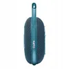 A side view of a blue JBL CLIP 4 Bluetooth speaker with its carabiner clip extended. Voir les images du produit