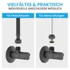 Two examples of connecting a valve to different types of plumbing, one with a flexible hose and the other with a rigid pipe. Produktbild-Vorschau