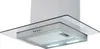 A modern kitchen range hood with a glass canopy, stainless steel accents, and integrated lighting. Produktbild-Vorschau