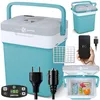 A collage of images showing a portable electric cooler box and its accessories, including power adapters, a phone charging, and the interior of the cooler. Náhľad obrázku produktu