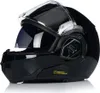 A black motorcycle helmet with the visor up and an internal sun visor down, shown from a three-quarter angle against a white background. Produktbild-Vorschau
