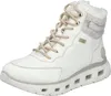 A white winter boot with beige laces and gray accents. Voir les images du produit