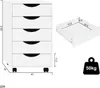A white rolling storage cabinet with five drawers and a separate drawer shown for dimensions, along with a weight icon. Produktbild-Vorschau