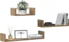 Three wooden wall shelves are displayed against a white background. The top shelf holds a potted plant. The middle shelf displays a stack of books and a framed dragonfly picture. The bottom shelf holds a stack of books and a framed dragonfly picture. Produktbild-Vorschau