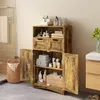 A rustic-style bathroom cabinet with its doors open, displaying various toiletries and towels. Produktbild-Vorschau