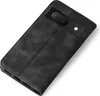 A black flip cover case for a Google Pixel 7a phone, shown from a diagonal angle against a white background. Produktbild-Vorschau