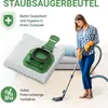 A woman is vacuuming a carpeted floor with a vacuum cleaner, while a vacuum cleaner bag is prominently displayed in the foreground. There are also text overlays and icons. Produktbild-Vorschau