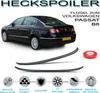 A collage showing a black Volkswagen Passat B6 sedan with a spoiler, along with images of the spoiler itself and icons representing features. Náhled obrázku produktu