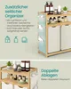 A split image showing a bamboo laundry organizer with shelves and side pockets, with text highlighting its features. Produktbild-Vorschau