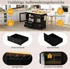 A collage of images showcasing a black kitchen island with a wooden countertop, highlighting its storage features like drawers, shelves, and a wine glass rack. The top section shows the kitchen island in a kitchen setting with various storage icons and tex Podgląd zdjęcia produktu