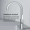 A close-up of a modern chrome kitchen faucet with text highlighting its features. Produktbild-Vorschau