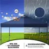 A split image showing a blue canopy tent under a sunny sky with UV symbols on the left, and under a rainy sky with water droplets on the right. The bottom section shows a green field under a blue sky on the left, and a green field under a stormy sky on the Produktbild-Vorschau