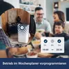 A family is having dinner while a portable air conditioner is shown in a separate inset image. Produktbild-Vorschau