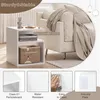 A white side table next to a sofa, with feature callouts at the bottom. Produktbild-Vorschau