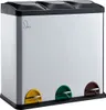 A three-compartment stainless steel trash can with pedals. Voir les images du produit