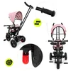 A collage of images showing a pink children's tricycle from different angles, with close-ups of specific features. Produktbild-Vorschau
