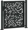 A black metal garden gate with a decorative cutout pattern, shown standing upright between two posts. Náhled obrázku produktu