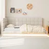 A beige upholstered bed with a headboard, bedding, and LED lighting. Produktbild-Vorschau