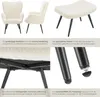 A collage of images showing a cream-colored armchair and ottoman with black legs, along with close-ups of the upholstery and leg construction. Náhled obrázku produktu