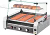 A stainless steel hot dog roller grill with buns on a warming rack. Produktbild-Vorschau