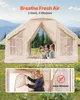 A large, beige camping tent is set up outdoors in a grassy field with mountains in the background. Two people are sitting inside the tent, and a smaller inset image shows a woman interacting with the tent's mesh window. Produktbild-Vorschau