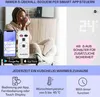 A woman drinking from a mug is shown next to a smartphone, a remote control, and app store icons. The image also features a digital display showing '24', promotional text, and icons related to heating features. Produktbild-Vorschau