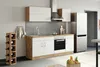 A modern kitchen setup with white cabinets, wood accents, a sink, oven, and refrigerator. Náhled obrázku produktu