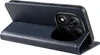 A dark blue flip cover case for a smartphone is shown from a side-angle, with the cover open and propped up to reveal the phone's camera module. Produktbild-Vorschau