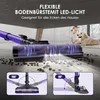 A vacuum cleaner head with LED lights cleaning under a sofa, with a child and dog in the background. Two inset diagrams show the vacuum's articulation. Produktbild-Vorschau