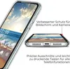 A clear plastic phone case is shown on a white background, with close-ups highlighting its features. Produktbild-Vorschau