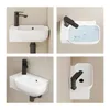 A collage of four images showing different views of a white ceramic wall-mounted sink with a black faucet. Produktbild-Vorschau