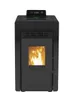 A black pellet stove with a window showing flames is shown against a white background. Produktbild-Vorschau