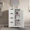 A white bathroom cabinet with drawers and an open door, displaying toiletries and towels. Produktbild-Vorschau