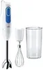 A white and blue Braun hand blender with its accessories, including a whisk attachment and a clear plastic cup, are displayed against a white background. Produktbild-Vorschau
