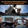 Collage of images showing a rugged smartphone in various extreme conditions: being used while climbing, submerged in water, and in a snowy environment. Produktbild-Vorschau