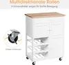 A white kitchen cart with a wooden top, featuring a drawer, two cabinet doors, and a wine rack, shown with a close-up of one of its wheels. Produktbild-Vorschau